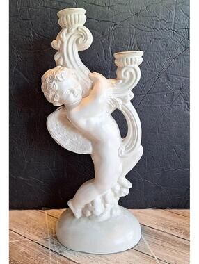 VTG Cherub Double Arm Candelabra Ceramic Candle Holder Candlestick MCM 14"H